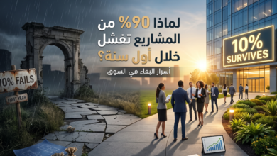 تصميم تعبيري يقارن بين مساري المشاريع الناشئة: الجانب الأيسر يظهر طريقاً متعثراً مع لافتة تشير إلى فشل 90% من المشاريع في السنة الأولى وسط أجواء عاصفة، والجانب الأيمن يظهر مبنى إدارياً حديثاً ومشرقاً مع لافتة بنسبة نجاح 10% يحيط بها رواد أعمال يناقشون مؤشرات نمو إيجابية.