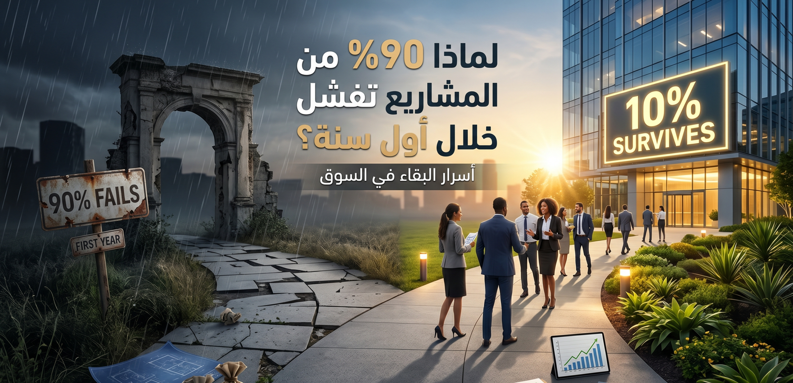 تصميم تعبيري يقارن بين مساري المشاريع الناشئة: الجانب الأيسر يظهر طريقاً متعثراً مع لافتة تشير إلى فشل 90% من المشاريع في السنة الأولى وسط أجواء عاصفة، والجانب الأيمن يظهر مبنى إدارياً حديثاً ومشرقاً مع لافتة بنسبة نجاح 10% يحيط بها رواد أعمال يناقشون مؤشرات نمو إيجابية.