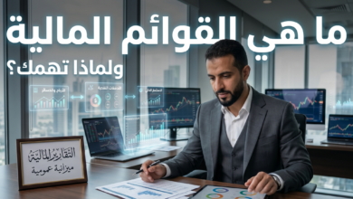 صورة تمثيلية بعنوان "ما هي القوائم المالية ولماذا تهمك؟" تظهر رجل أعمال عربي في مكتب حديث يحلل تقارير مالية وجداول بيانات على جهاز لوحي وأوراق رسمية، مع واجهة رقمية عائمة تعرض رسومًا بيانية وأرقامًا توضيحية لصافي الربح والتدفقات النقدية والميزانية العمومية