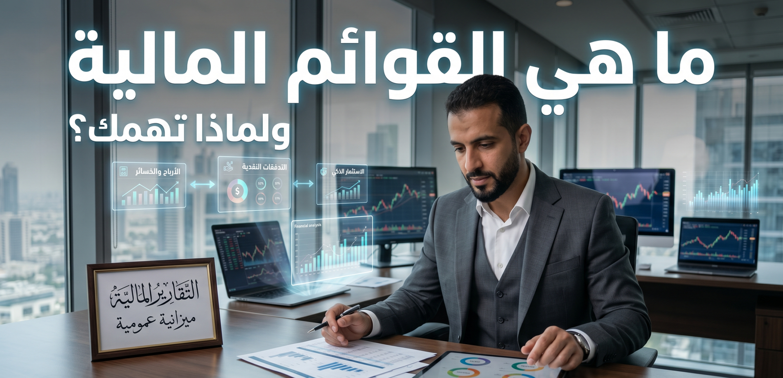 صورة تمثيلية بعنوان "ما هي القوائم المالية ولماذا تهمك؟" تظهر رجل أعمال عربي في مكتب حديث يحلل تقارير مالية وجداول بيانات على جهاز لوحي وأوراق رسمية، مع واجهة رقمية عائمة تعرض رسومًا بيانية وأرقامًا توضيحية لصافي الربح والتدفقات النقدية والميزانية العمومية